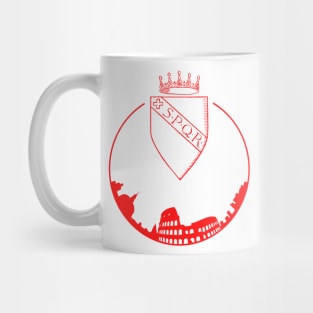 In this picture we see the symbol and emblem of Rome. Also we see the city and its main attraction, and that is Coloseo. We also see the four-letter symbol which translates as (senate and people of Rome). Mug